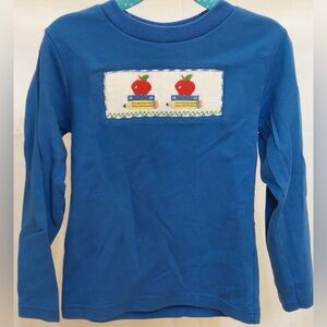 School smocked tee; 4 long sleeve blue knit pencil, apple, books. Picture day